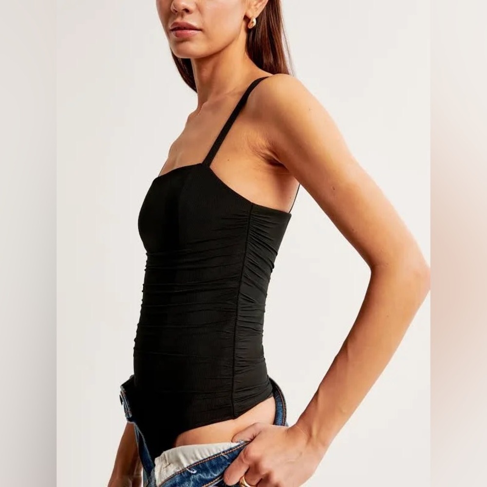 Abercrombie & Fitch Black Mesh Crepe Ruched Squareneck Bodysuit, Size Small - Picture 4 of 9
